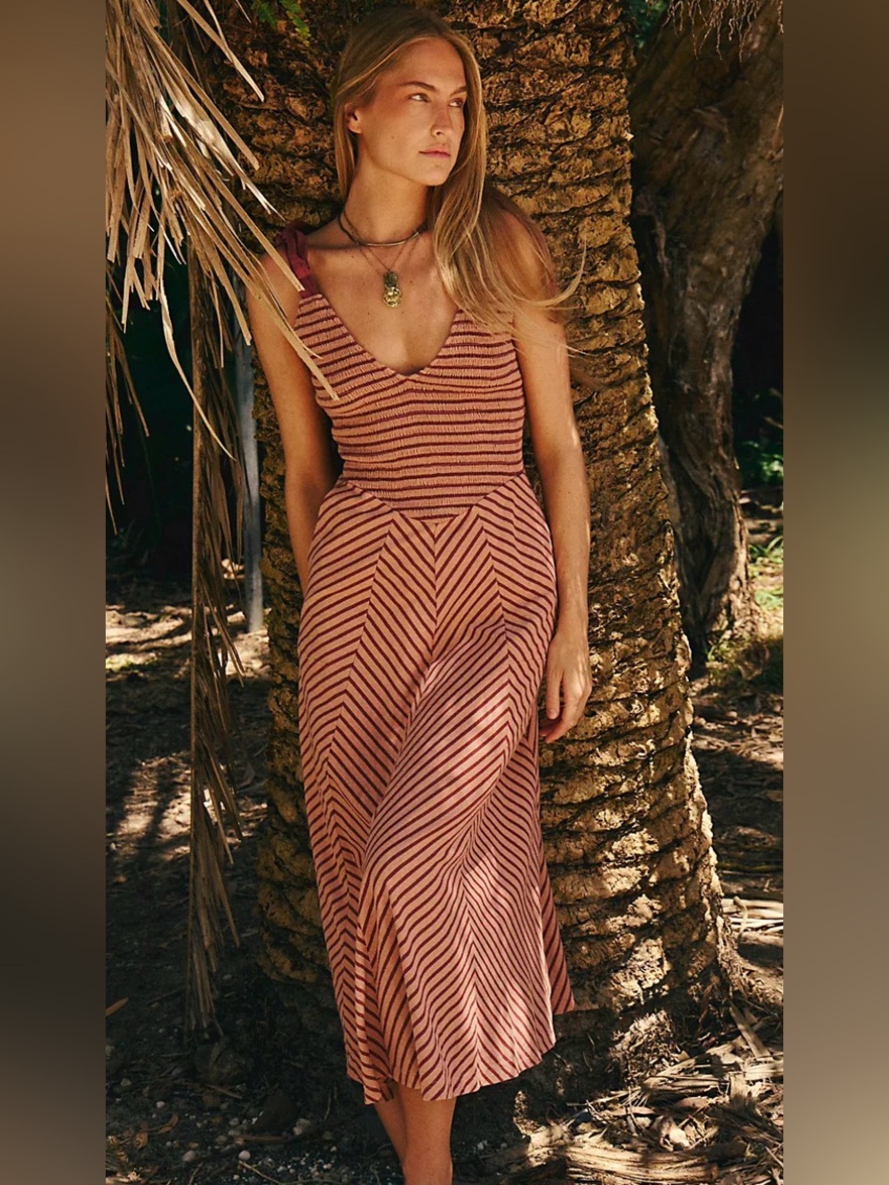 Free People Burnt Henna Striped Smocked Midi Dress NWT M
